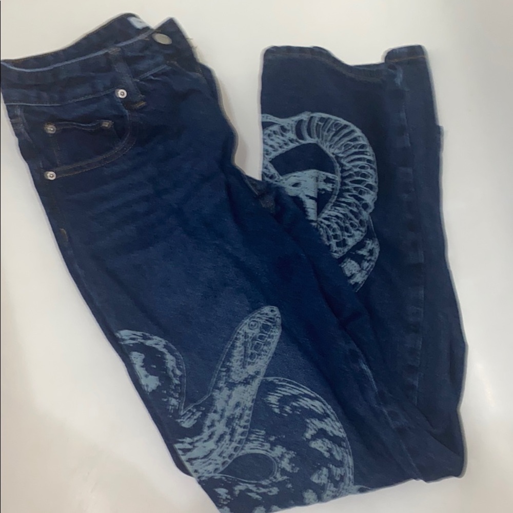 Ashley Mason Blue Straight Leg Jeans with Decorative Patterns